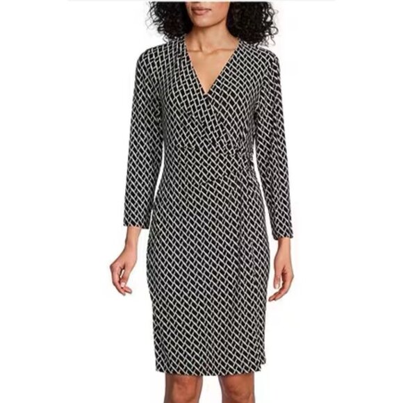 Kasper Dress Petite Large Black White 3/4 Long Sleeve Stretch Faux Wrap Washable - Picture 1 of 13